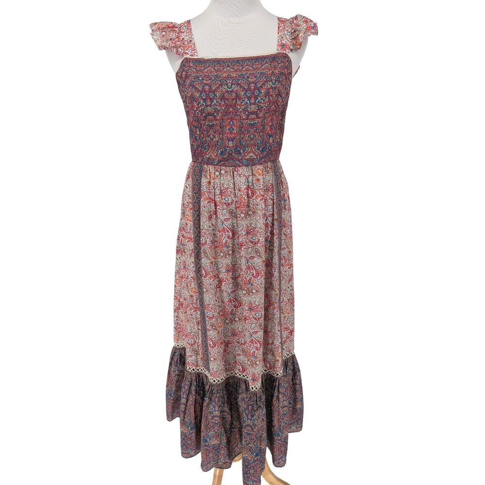 Haute Hippie Paisley Floral Maxi Dress 10 Red Blue Boho Tie Back Cottage Prairie - Picture 3 of 14